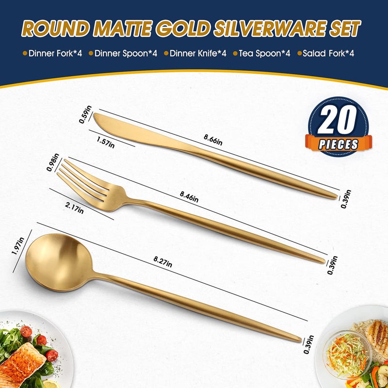 BEGEEL Matte Gold Silverware Set,BEGEEL 20-Piece Stainless Steel Flatware Set for 4, Satin Finish Tableware Cutlery Set,Premium Utensil Set,Utensil Sets for Kitchen Home and Restaurant,Dishwasher Safe - Image 2